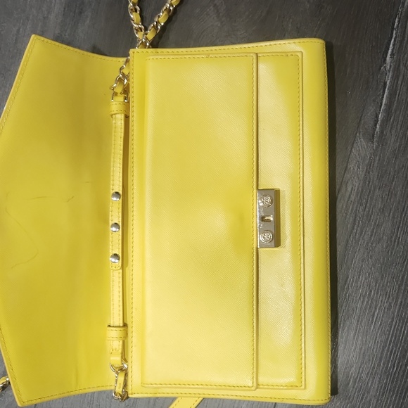 Tory Burch T-Lock Saffiano Leather Clutch w/ shoulder strap/crossbody, Yellow - Picture 8 of 10